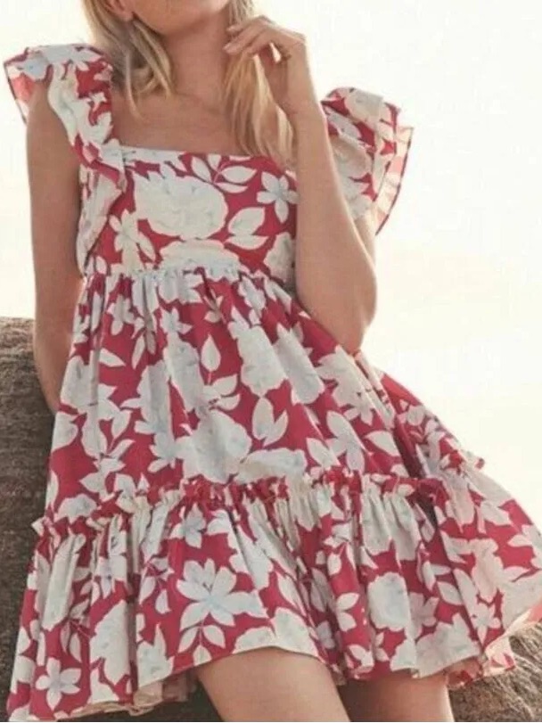 Cara Cara Lexa Cotton Poplin Floral Mini Dress. Size Xs. Raspberry And White.